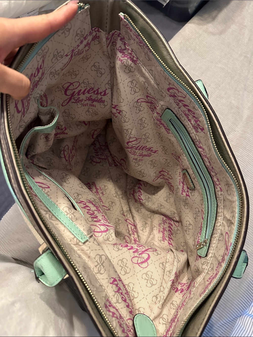 Guess Canvas Tote in Cream with Mint Trim - Picture 13 of 14